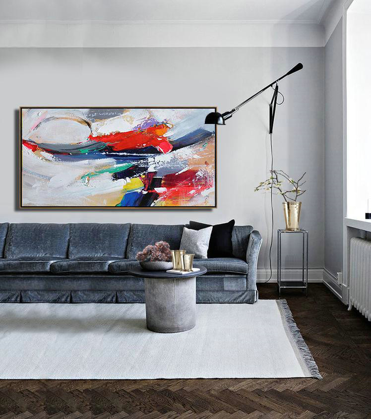 Original Abstract Painting Extra Large Canvas Art,Horizontal Palette Knife Contemporary Art Panoramic Canvas Painting,Abstract Painting Modern Art White,Red,Grey,Dark Blue - Click Image to Close